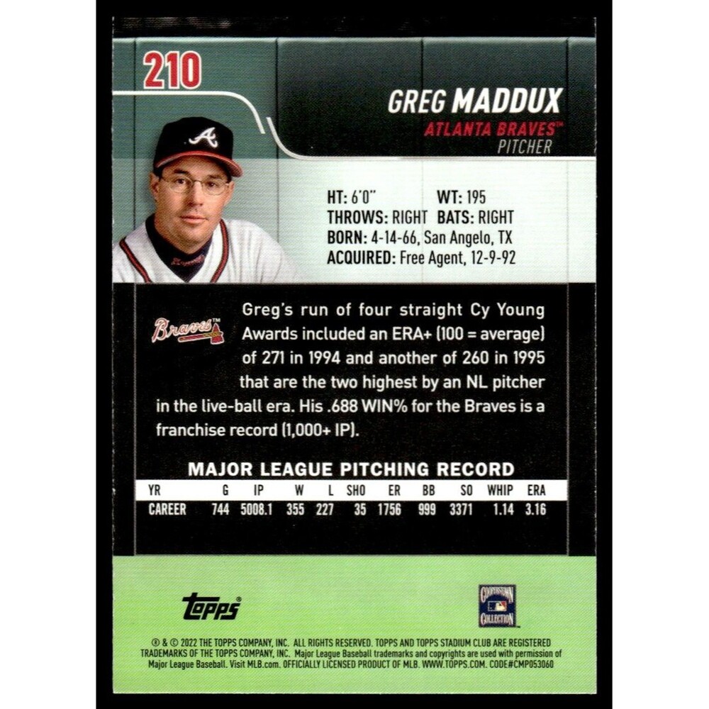 2022 Stadium Club Greg Maddux Atlanta Braves #210 - Picture 2 of 2